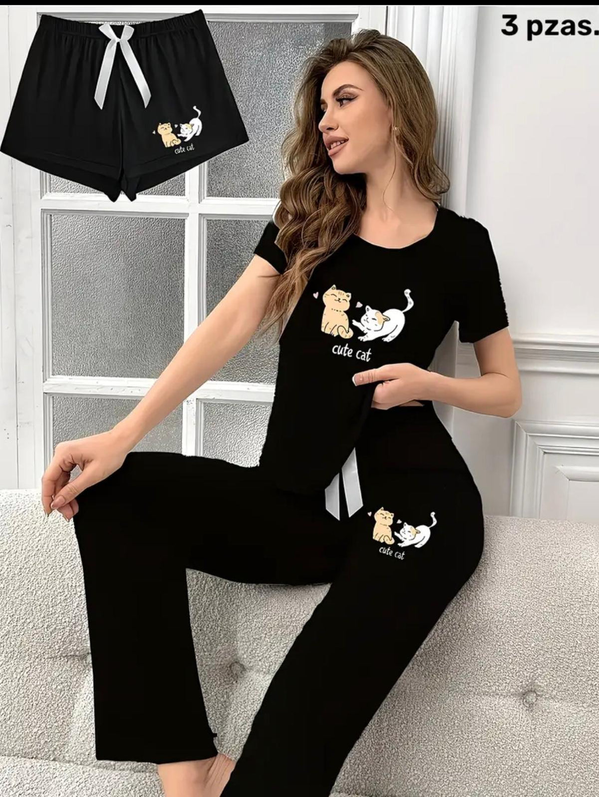 Pijama Cute Cat 3 Piezas – Versátil, Divertida y Súper Cómoda