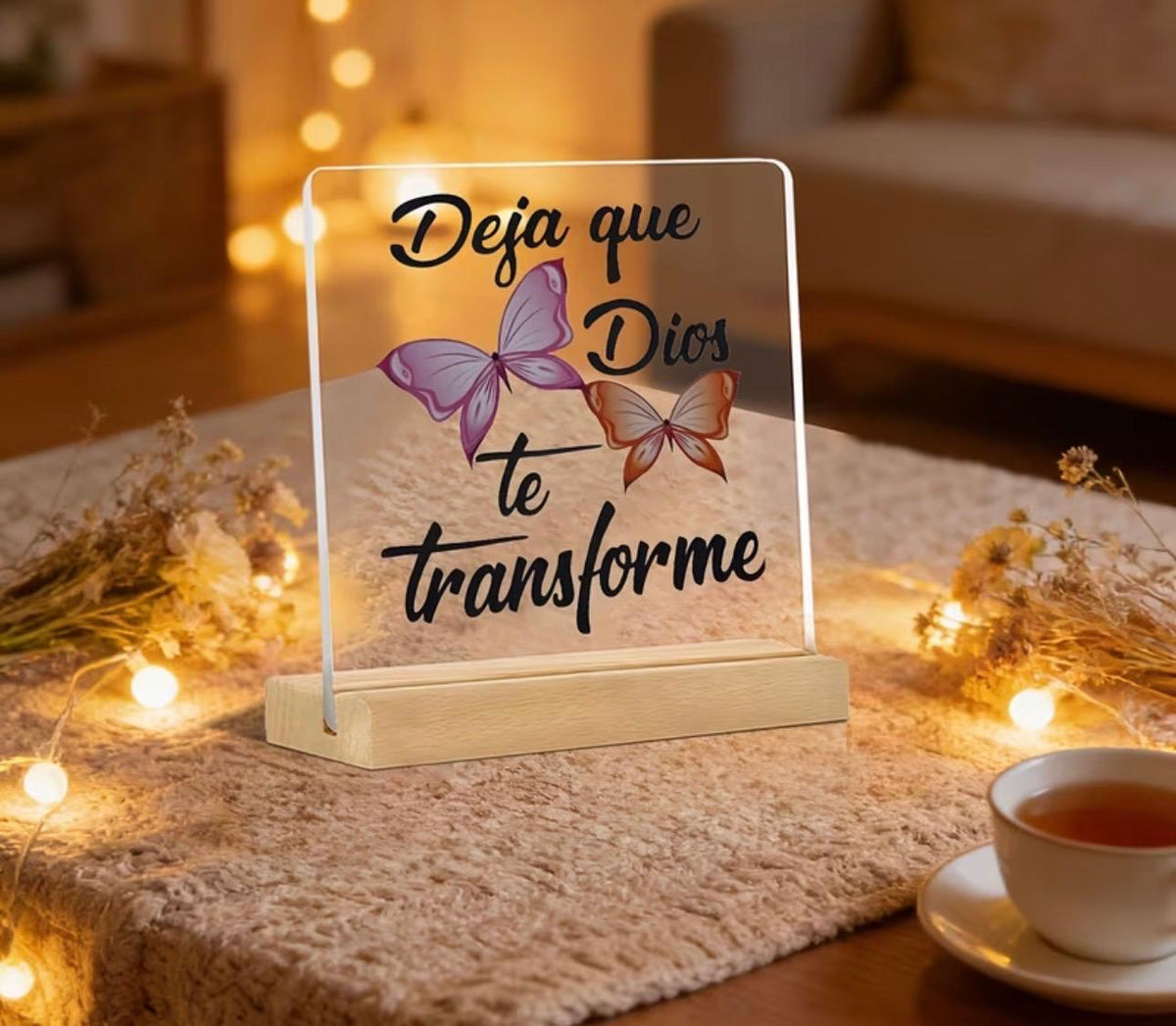 Placa Decorativa de Acrílico con Base de Madera – "Deja que Dios te transforme" 🦋